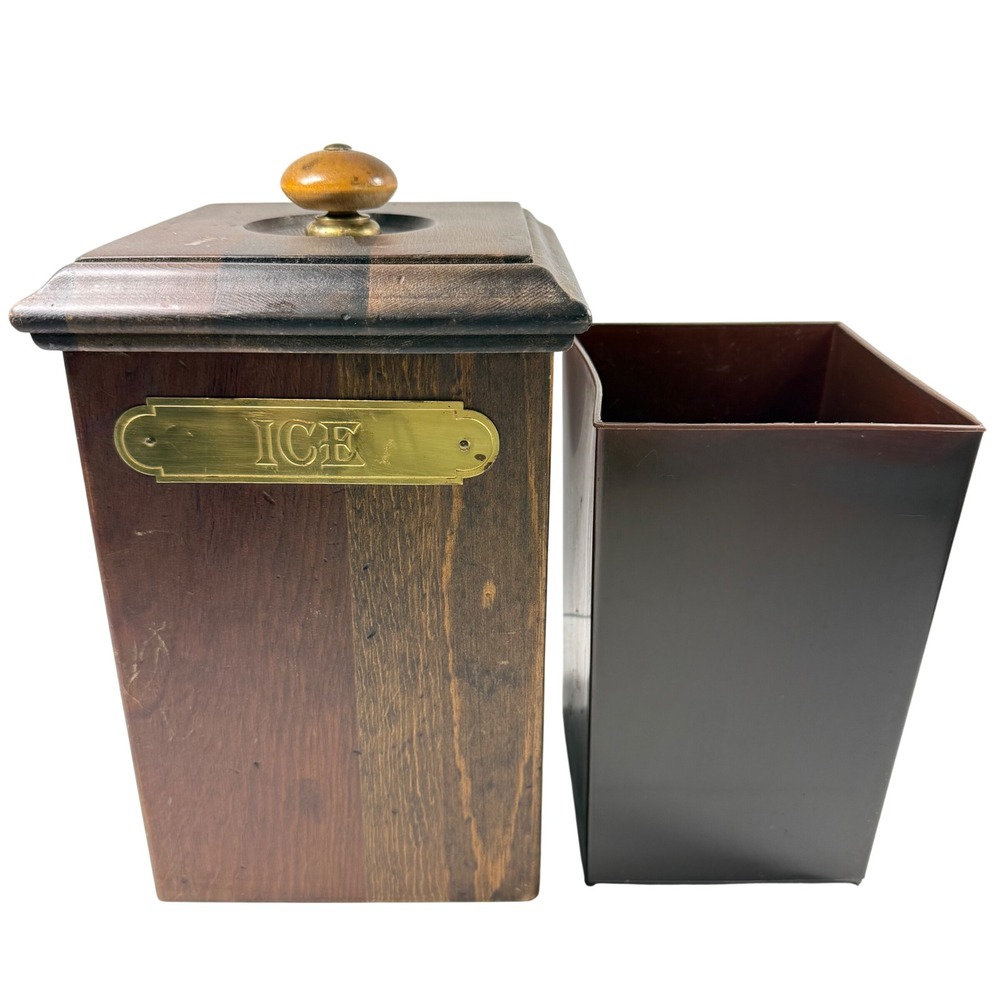 Vintage Wood Ice Bucket Square Brass Label Mid Century Barware Plastic Insert